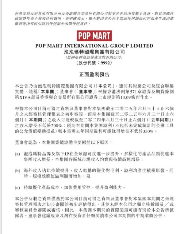擒牛网 LABUBU一己之力“带飞”泡泡玛特 公司预期溢利达350%左右